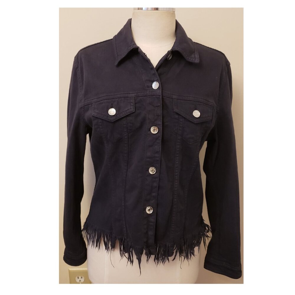 LIU JO Denim Jacket Button-down with Fringes Size-L Black Cotton